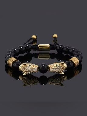 Black Beaded Gold Jaguar Head Adjustable Bracelet